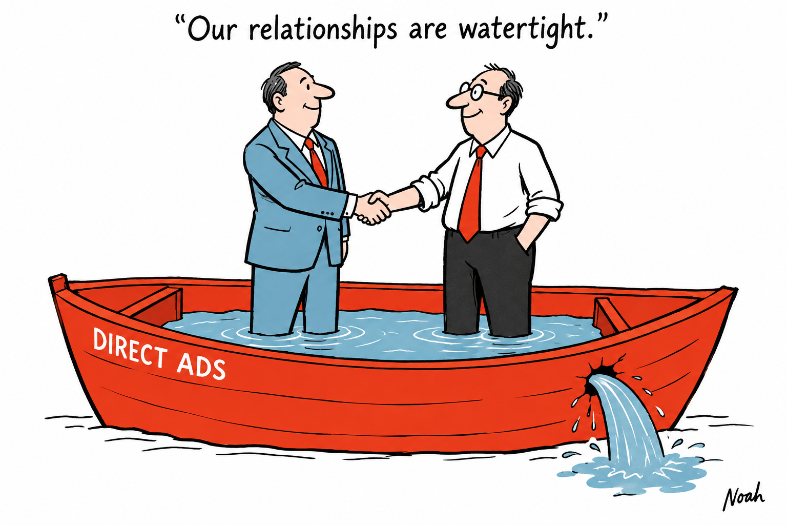 Two executives shake hands in a leaking red boat marked Direct Ads, with water around their legs.