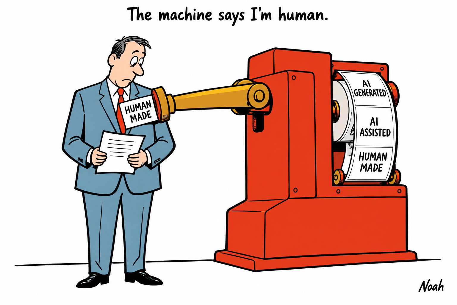 A large mechanical machine stamps Human Made onto an editor’s chest while the editor holds an untouched manuscript.