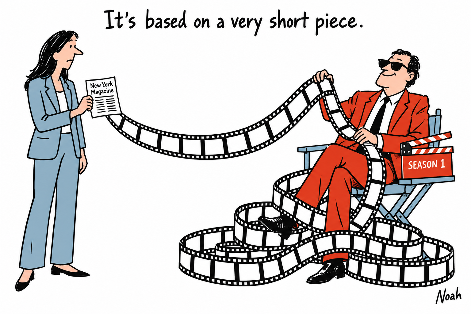 A producer in a director’s chair pulls a short article into an enormous filmstrip coiled around the chair and feet.