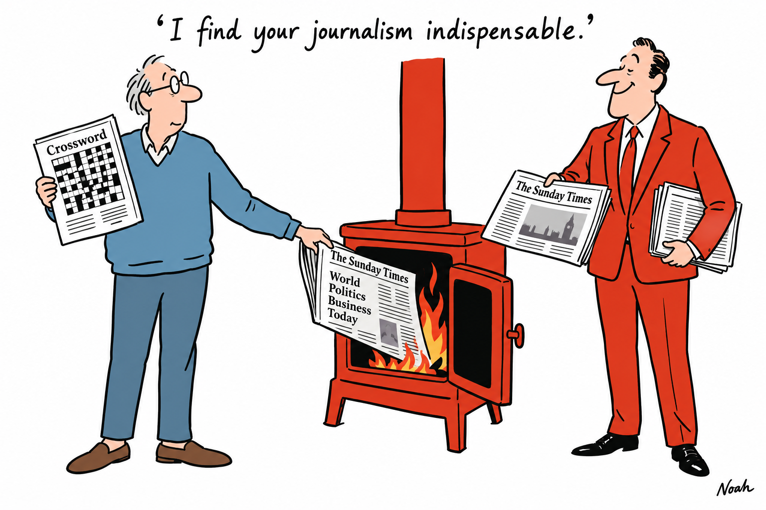 A subscriber keeps the crossword page but feeds the news section into a red wood stove while a publisher offers another paper.