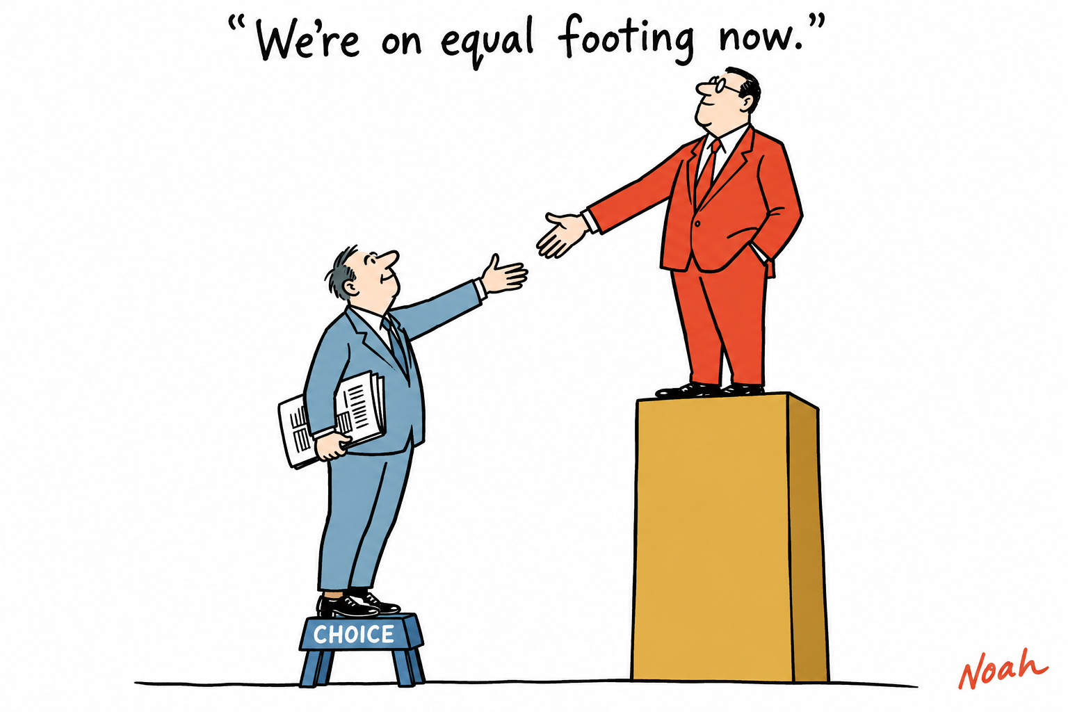 A publisher gains a small choice footstool but still cannot quite reach the platform executive standing on a much taller gold podium.