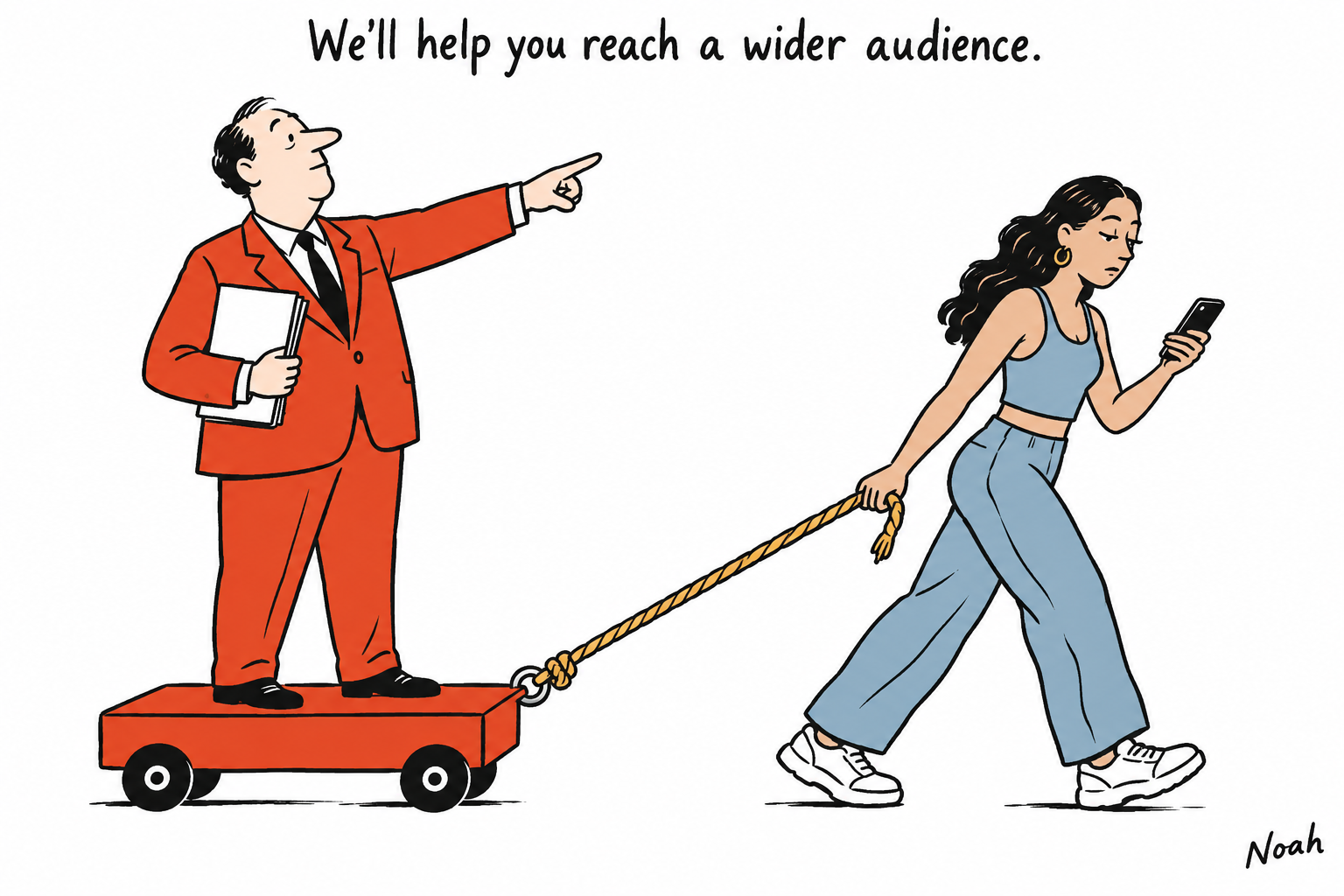 An adult creator pulls a publisher’s wheeled speaking platform while the publisher promises to extend the creator’s reach.