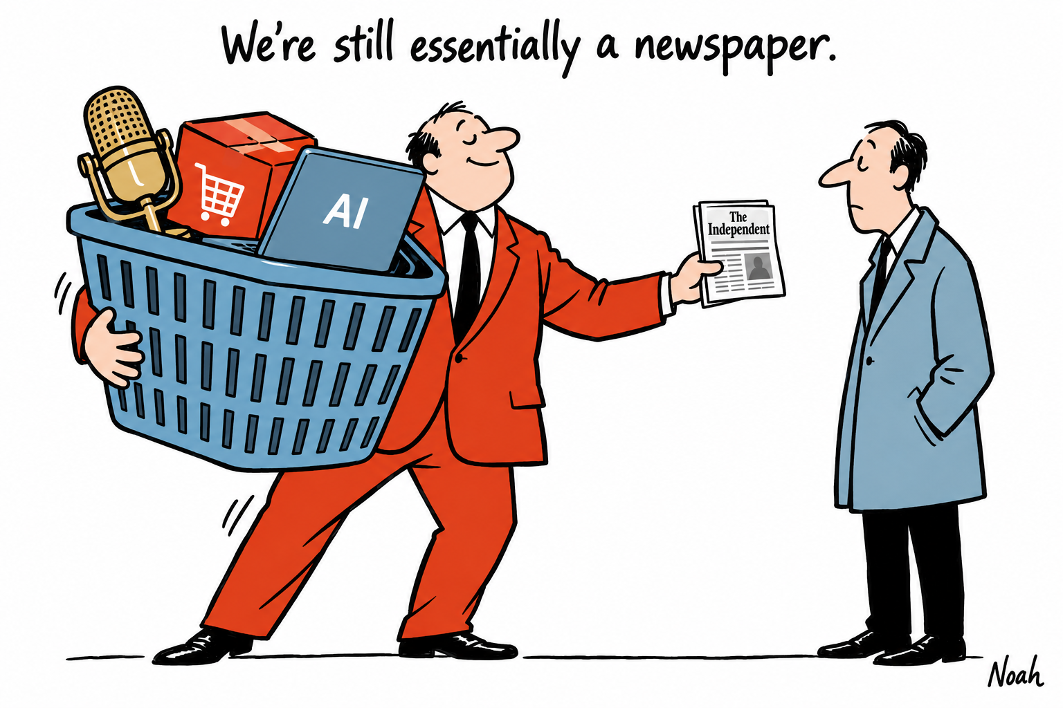 A publisher carries an enormous basket of studio, shopping and AI products while offering a tiny newspaper to a reader.