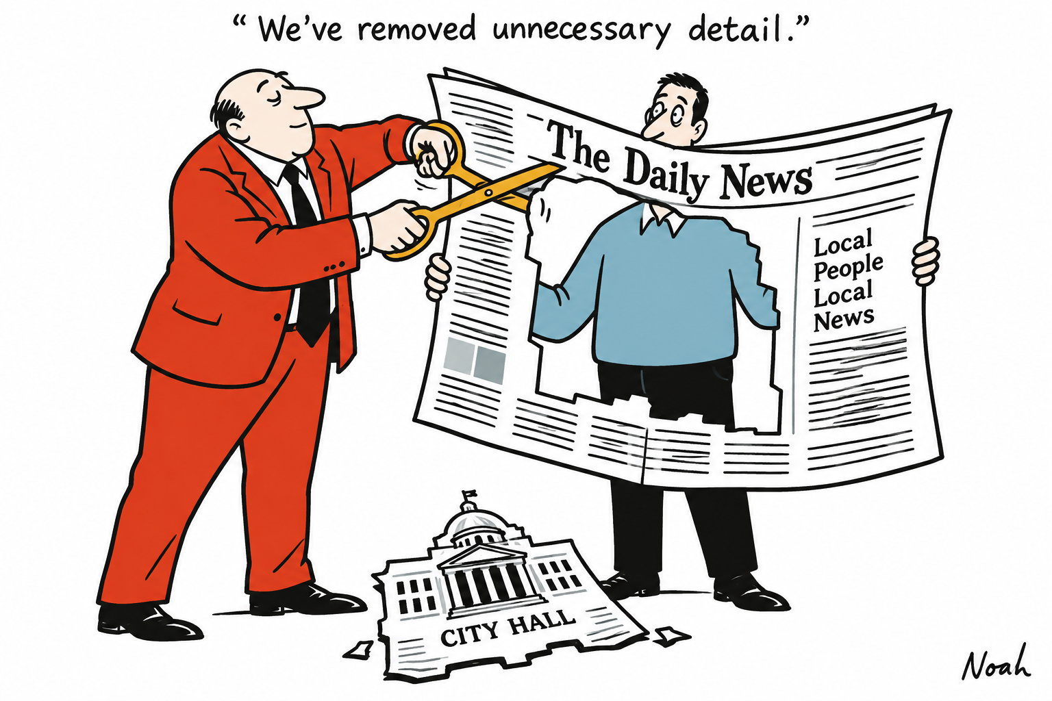 A newspaper manager cuts a City Hall-shaped section from a large local newspaper, leaving a hole while a reader holds the paper.