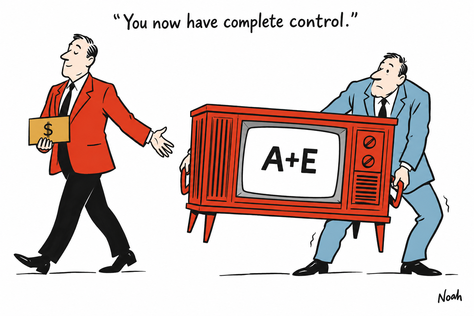 A buyer struggles to carry an enormous A+E television cabinet alone while the seller lets go and walks away with a cheque envelope.