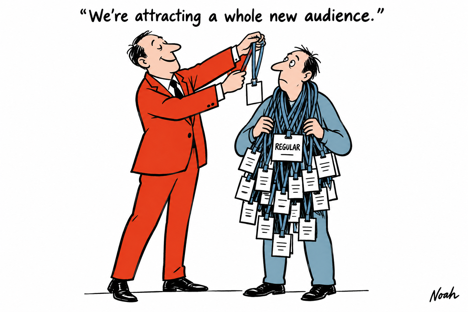 An events organiser adds another pass to a loyal reader already overloaded with a heavy cascade of event lanyards.