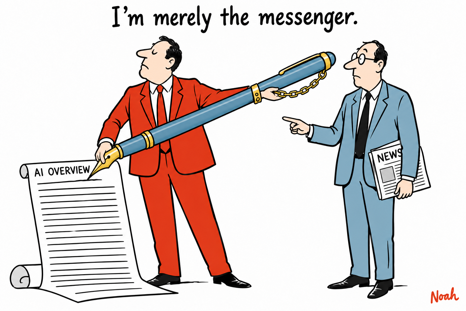 A platform executive tries to hand off the giant pen writing an AI overview, but the pen is chained to his own wrist.