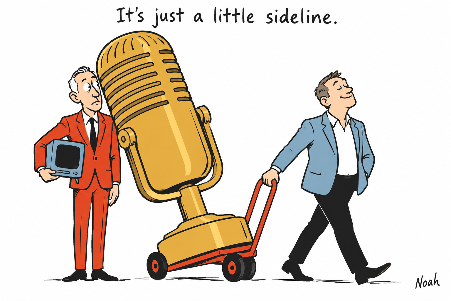 A podcast presenter wheels an enormous gold microphone past a television presenter holding a tiny TV.