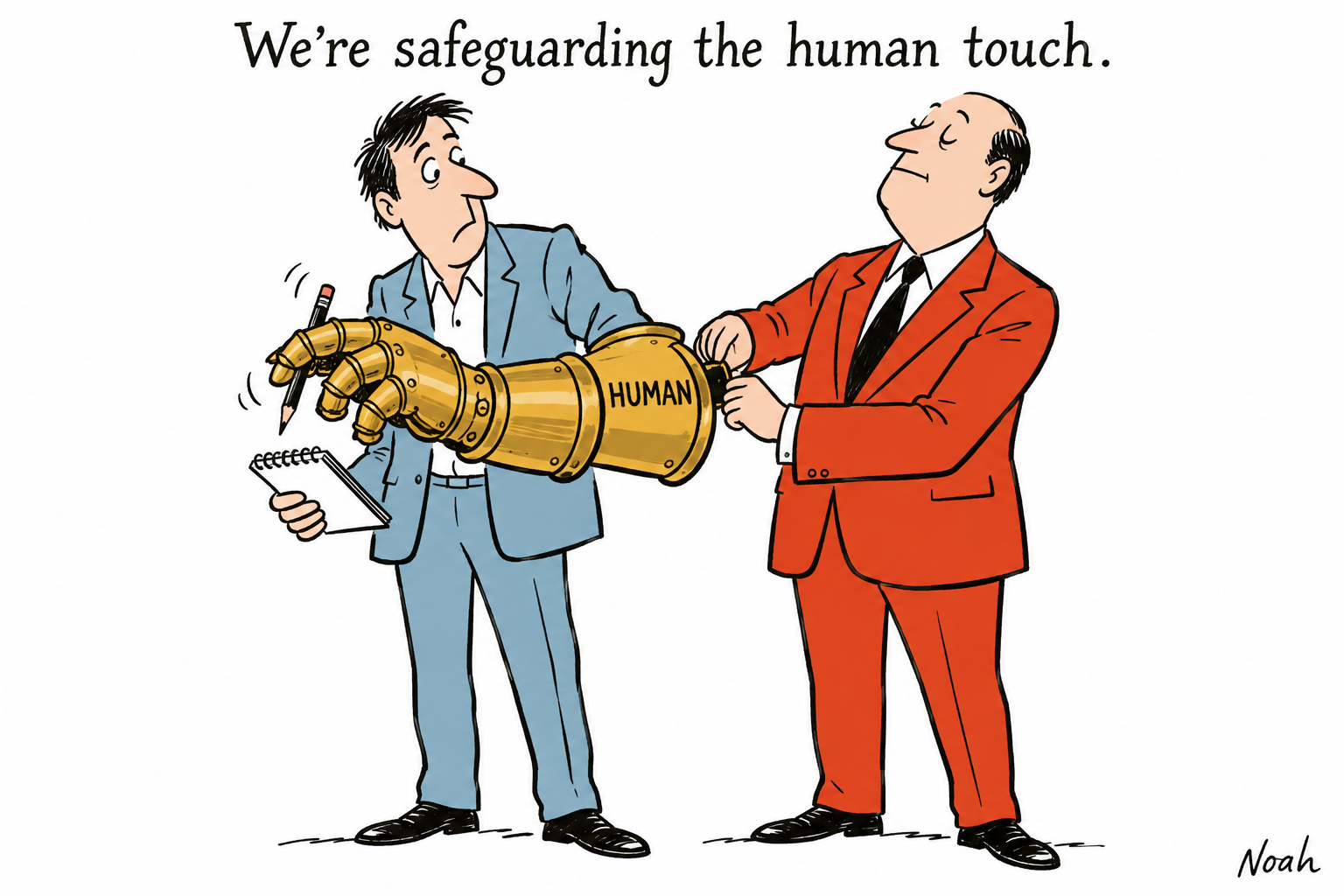 An editor fastens an enormous gold protective gauntlet around a writer’s hand, making it hard to grip a tiny pencil.