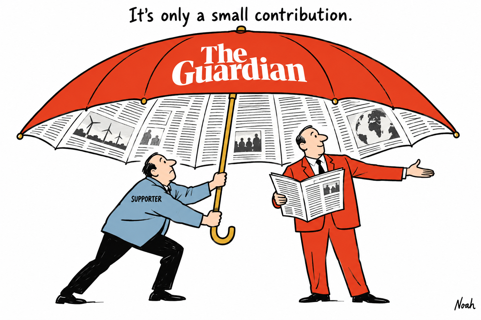 A reader supporter strains to hold an enormous newspaper umbrella while a publisher welcomes everyone beneath it.