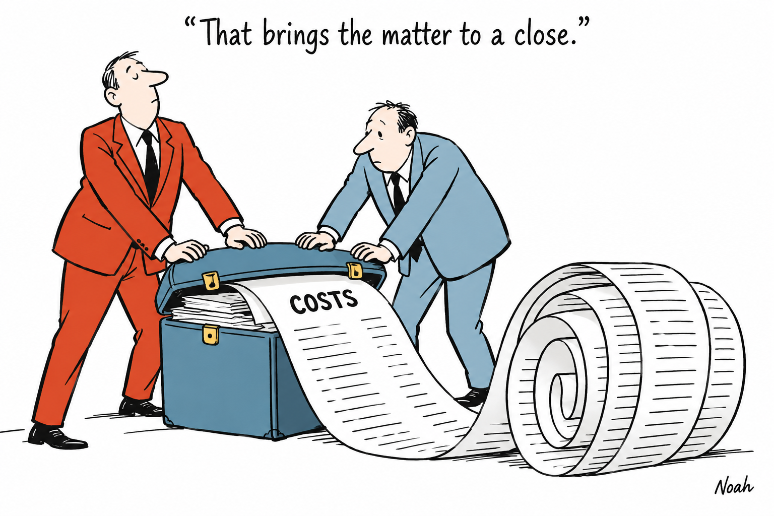 A lawyer and client try to close a briefcase while an enormous legal-costs bill protrudes from it and coils on the floor.