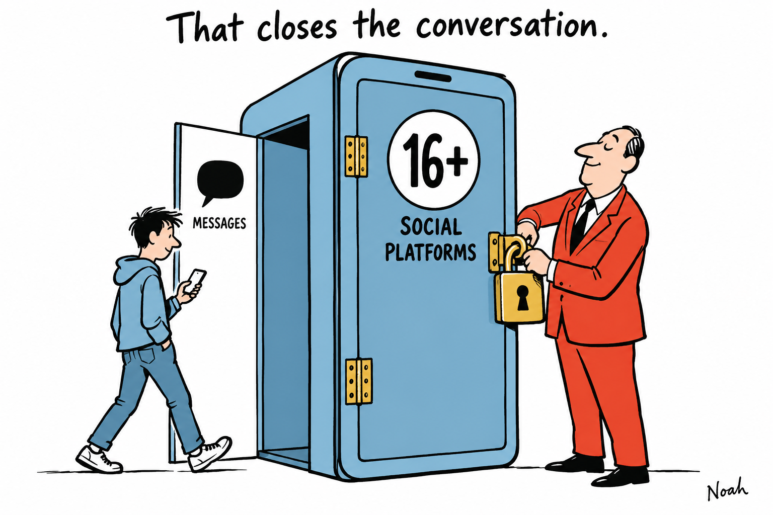 An official locks the 16+ front door of a giant phone while a teenager uses its open, permitted messages side door.