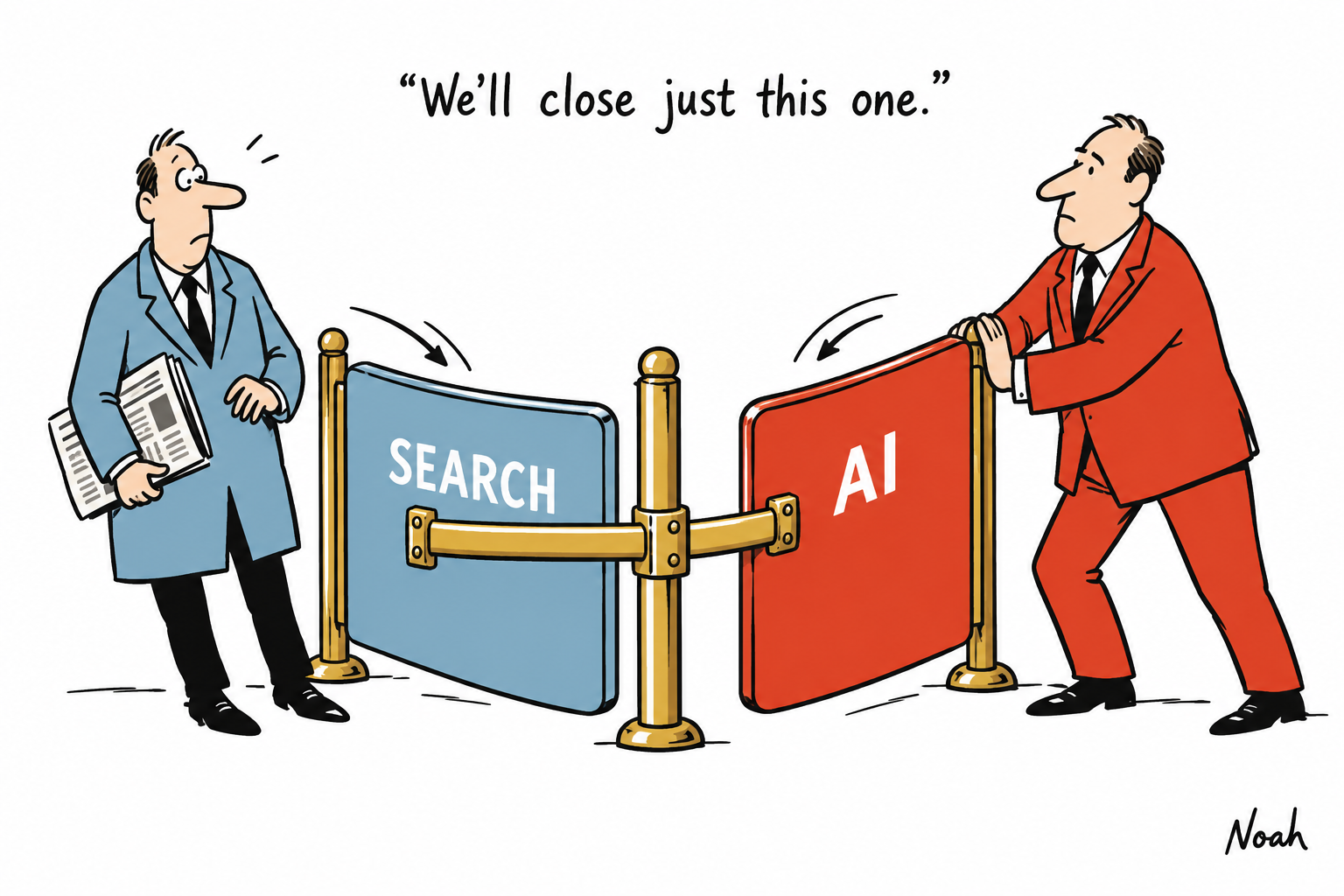 A publisher tries to close an AI gate but a gold crossbar pulls the adjacent Search gate closed too, stopping a reader.