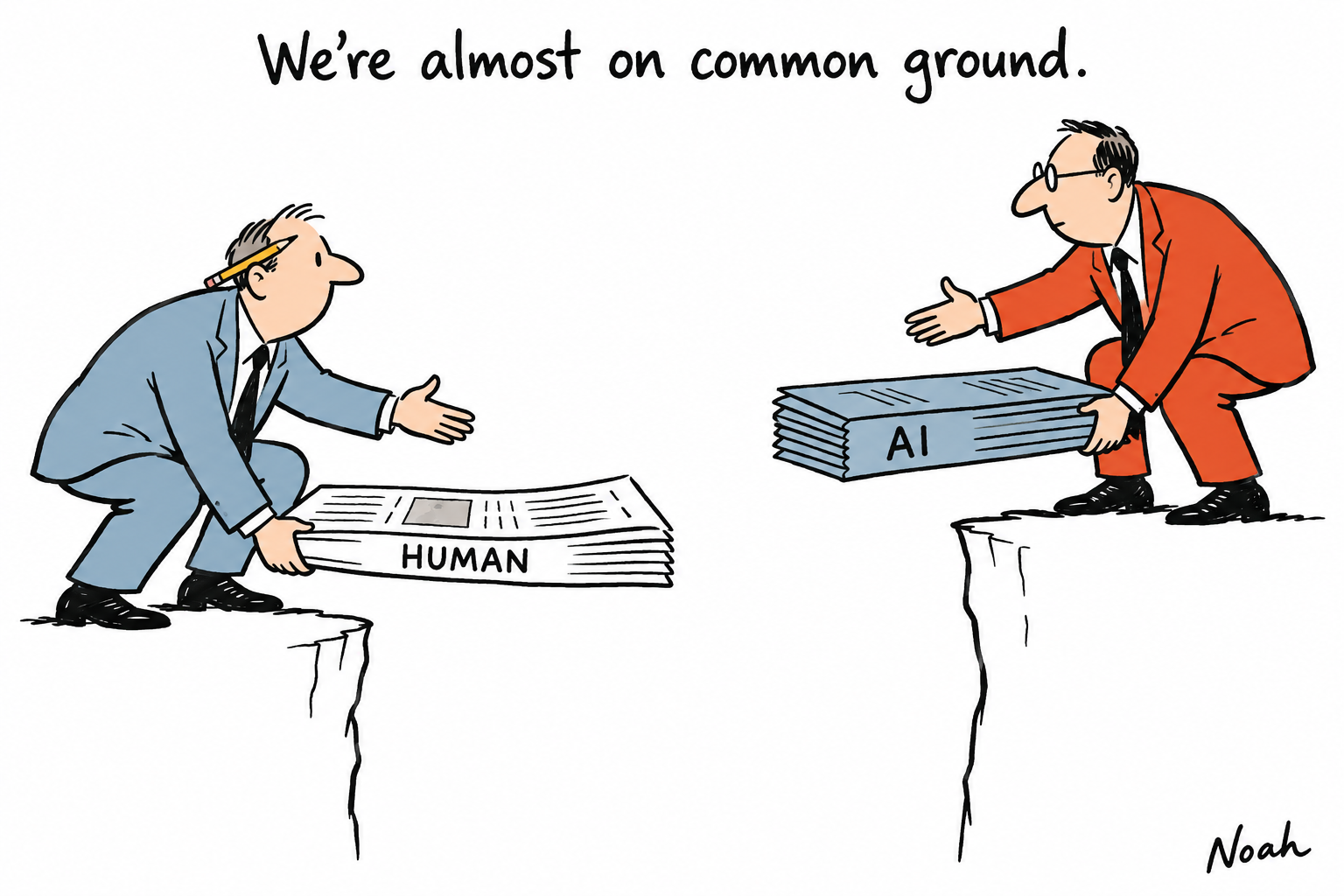 Two local editors build opposite halves of a bridge from human reporting and AI-assisted documents, but the halves do not meet.