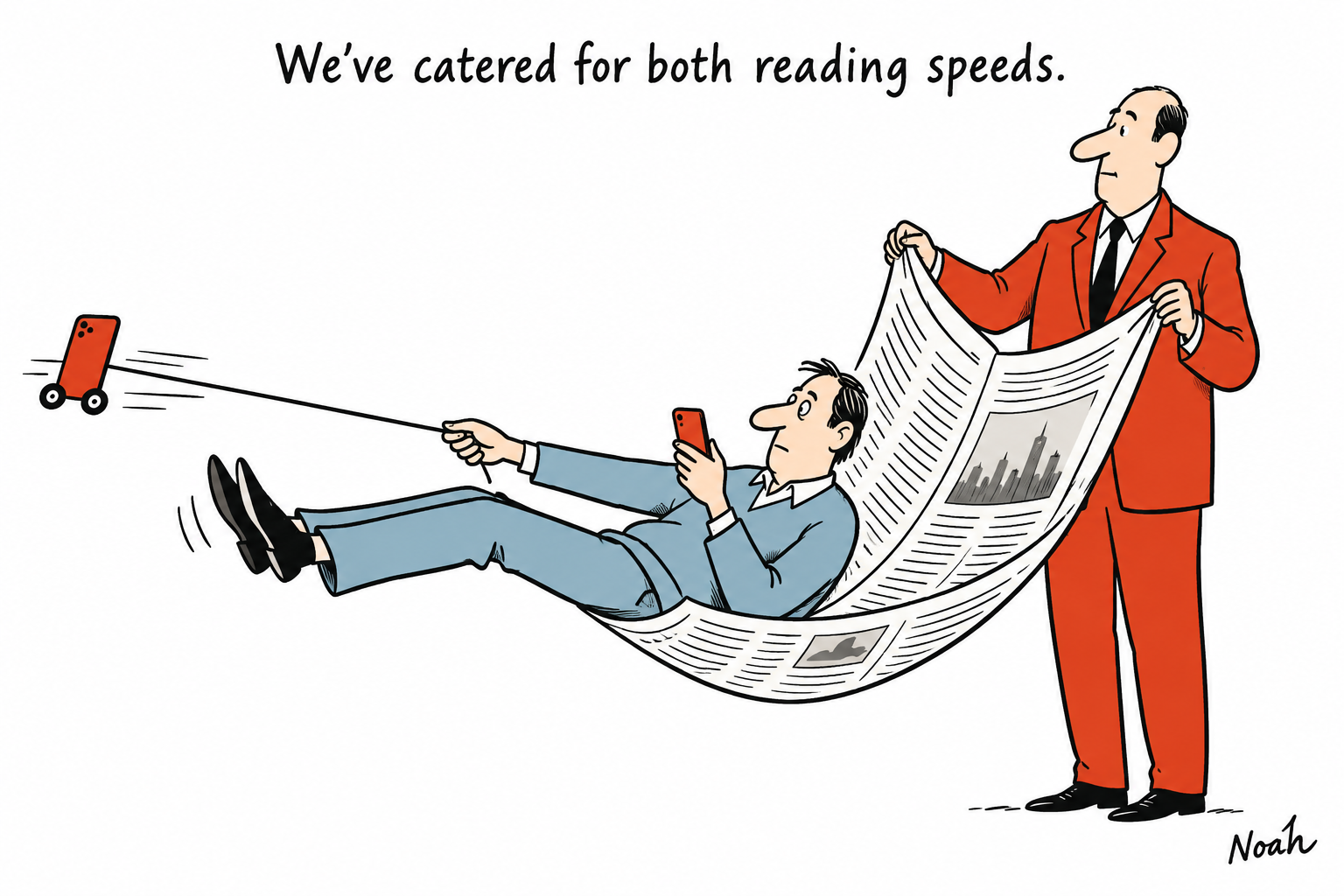 A reader uses a phone while reclining in a newspaper hammock; a second phone on wheels pulls them away as a publisher holds the paper.