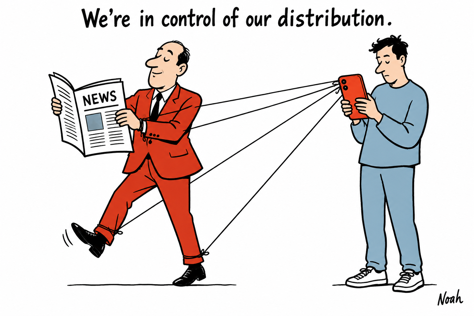 A publisher presents a newspaper while puppet strings from a reader’s phone control the publisher’s wrists and ankles.
