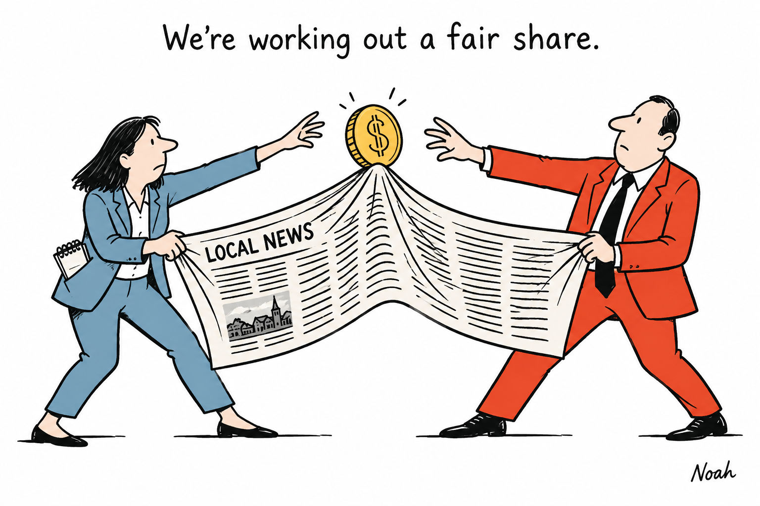 A local reporter and platform executive tug opposite ends of a newspaper while a gold coin balances out of reach on the raised centre.