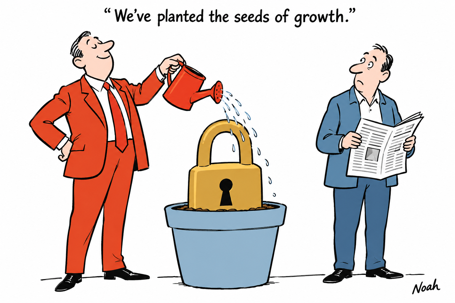 A publisher waters a gold padlock planted in a blue flowerpot while a reader holds a newspaper and watches with puzzlement.