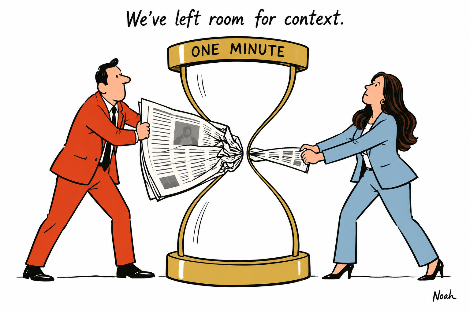 Two video hosts try to push a broad newspaper through the narrow waist of a giant one-minute hourglass, producing a tiny crumpled scrap.