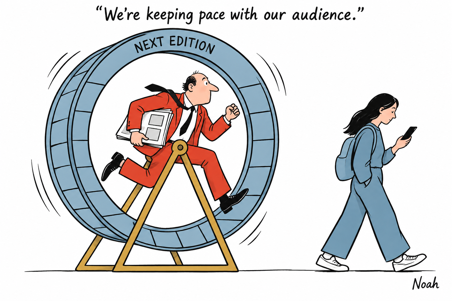 A news executive runs in a fixed Next Edition wheel while a reader walks away looking at a mobile phone.