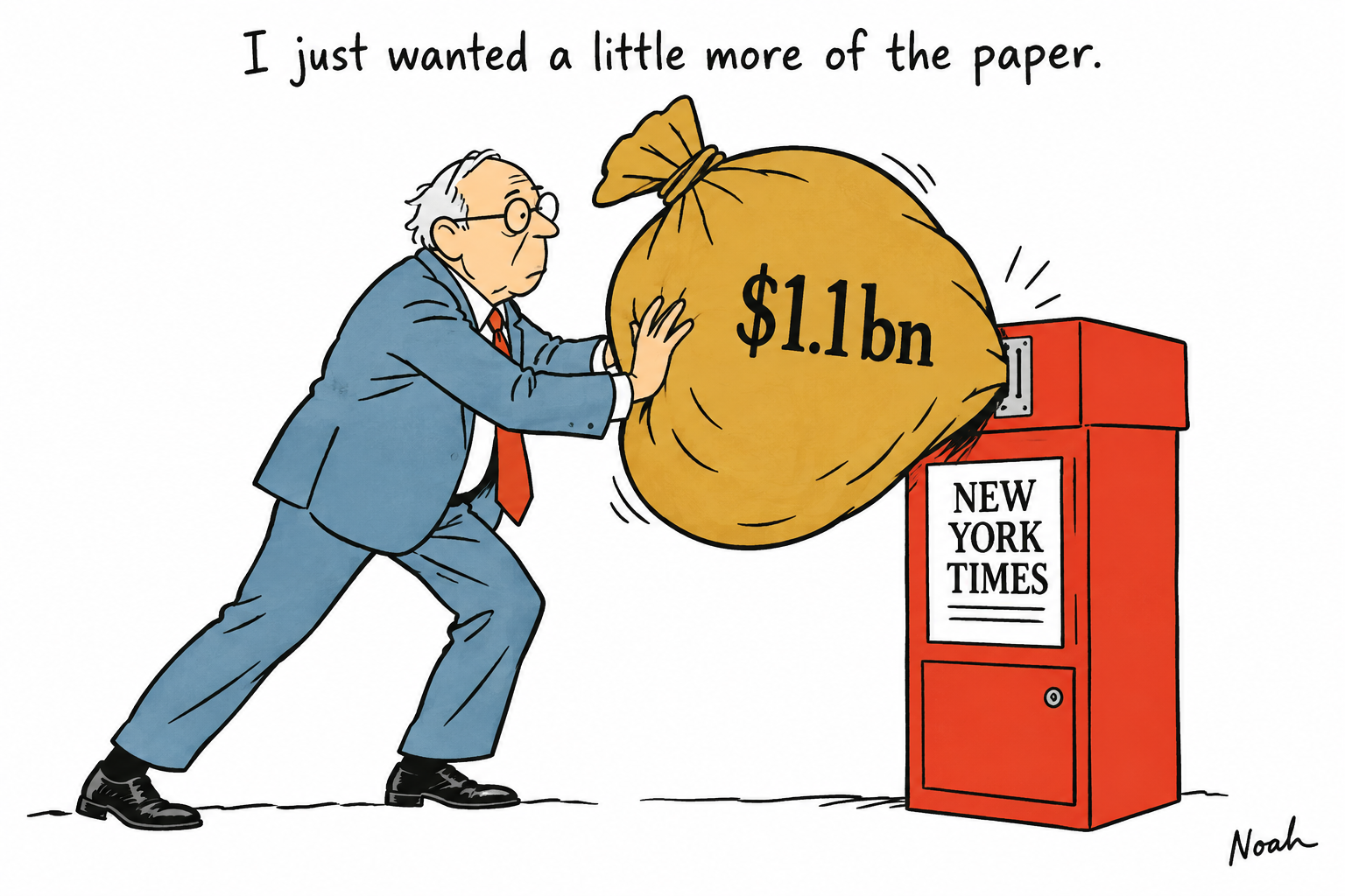 An older investor tries to push a huge gold money sack marked $1.1bn into the tiny coin slot of a red New York Times newspaper box.