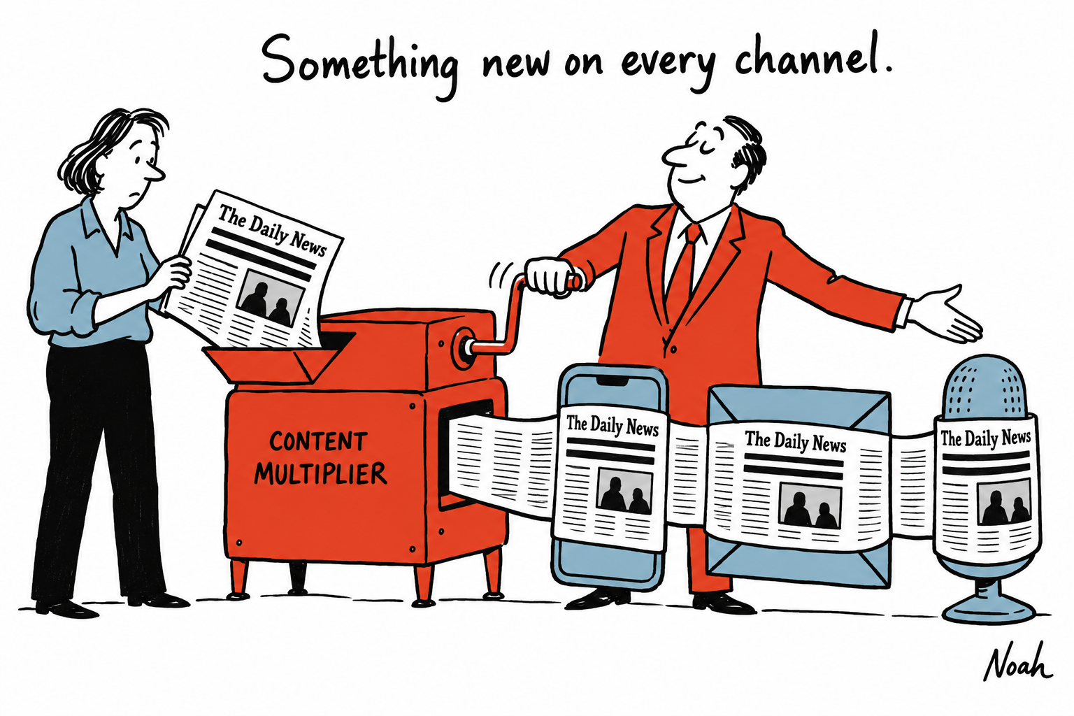 A reporter feeds one newspaper into a wrapping machine that dresses the same story as a phone, newsletter and podcast.