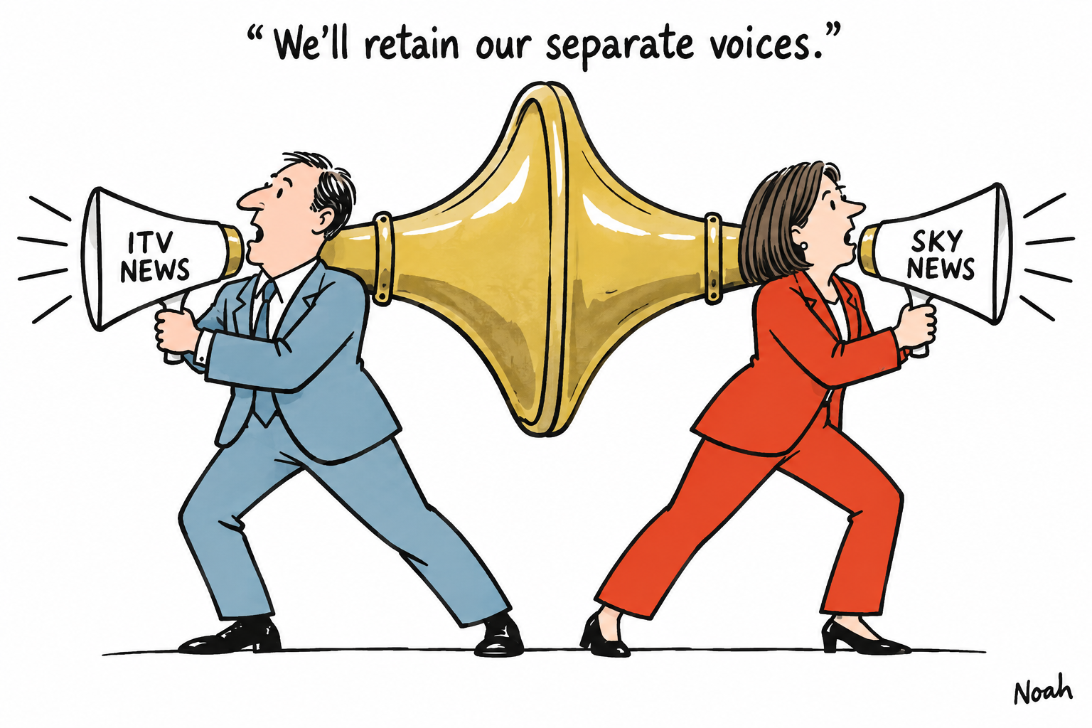 Two newsreaders pull their separate ITV News and Sky News megaphone mouthpieces in opposite directions while both share one large gold horn.