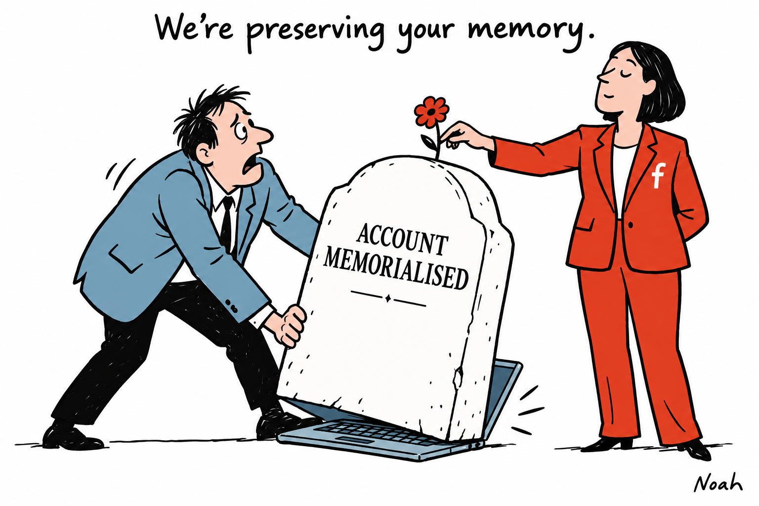 A living journalist struggles to lift an account-memorialised stone off a laptop while a platform attendant lays a flower on it.
