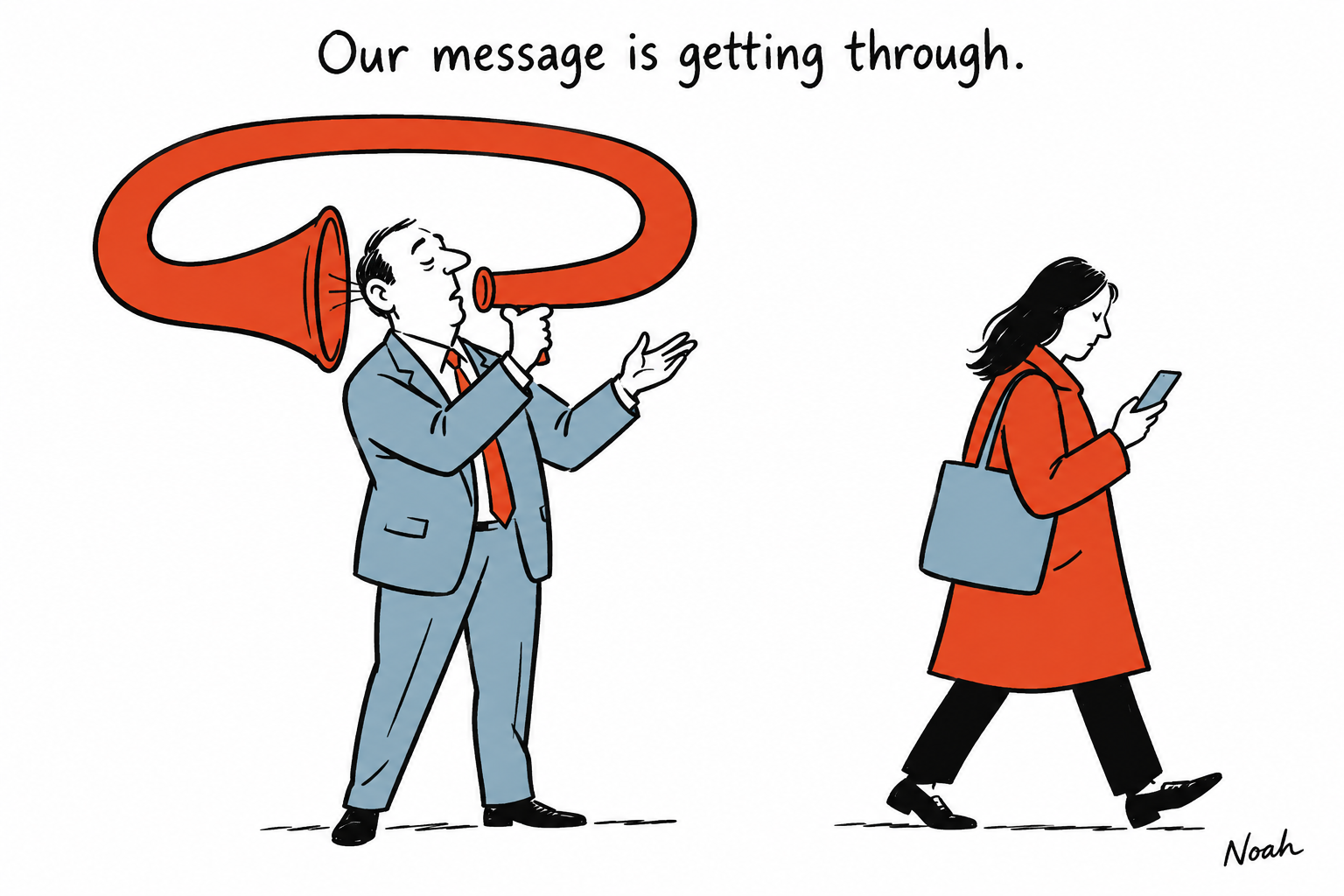 A journalist speaks into a looping red megaphone aimed back at his own ear while a reader walks away looking at a phone.