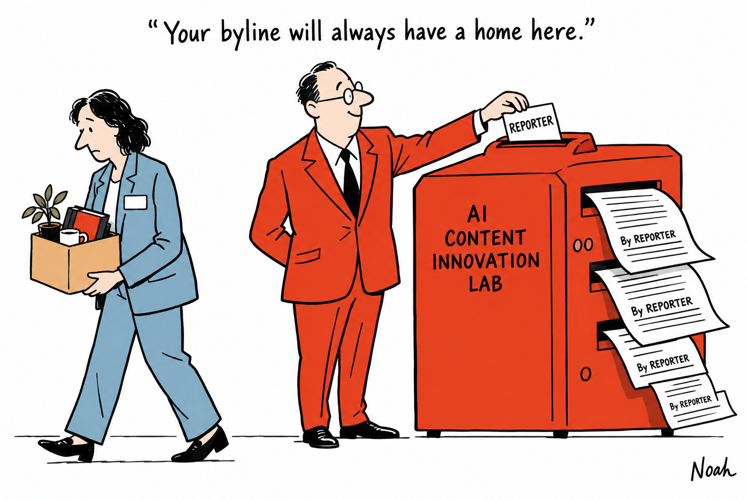 A departing reporter carries a box while a manager feeds the reporter’s name badge into a machine that produces differently sized newspaper pages.