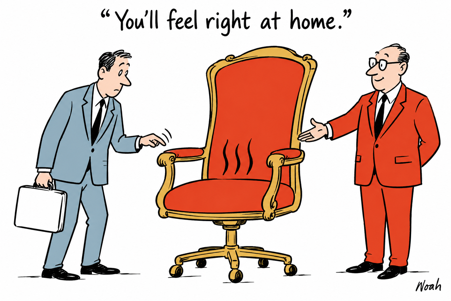 A manager welcomes an incoming news director to a large gold executive chair whose red seat gives off heat.