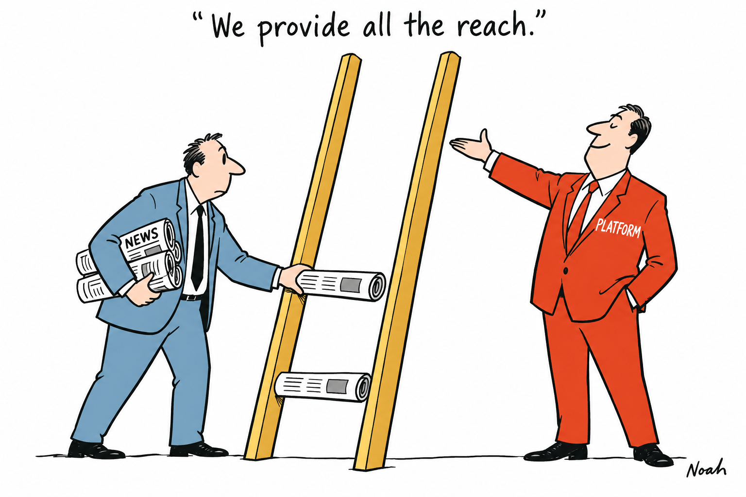 A platform executive presents a tall gold ladder without rungs while a publisher fits rolled newspapers between the rails to provide the steps.