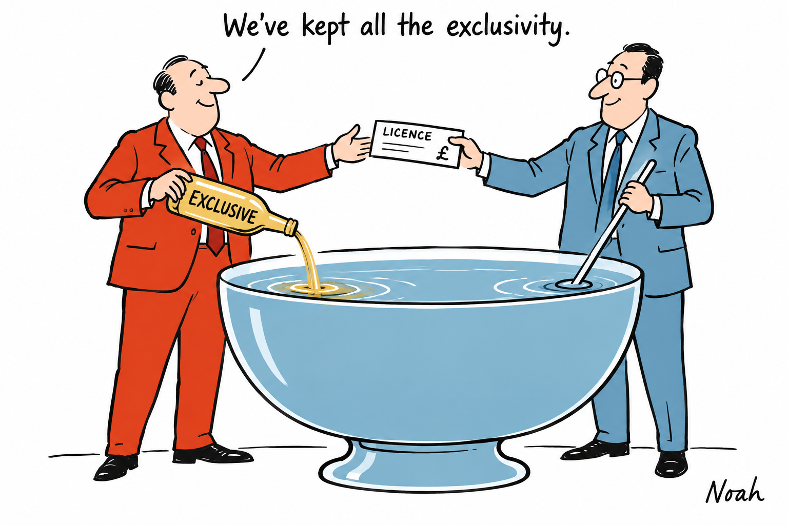 A publisher pours a small gold bottle marked Exclusive into a large communal bowl while a platform partner stirs and offers a licence cheque.