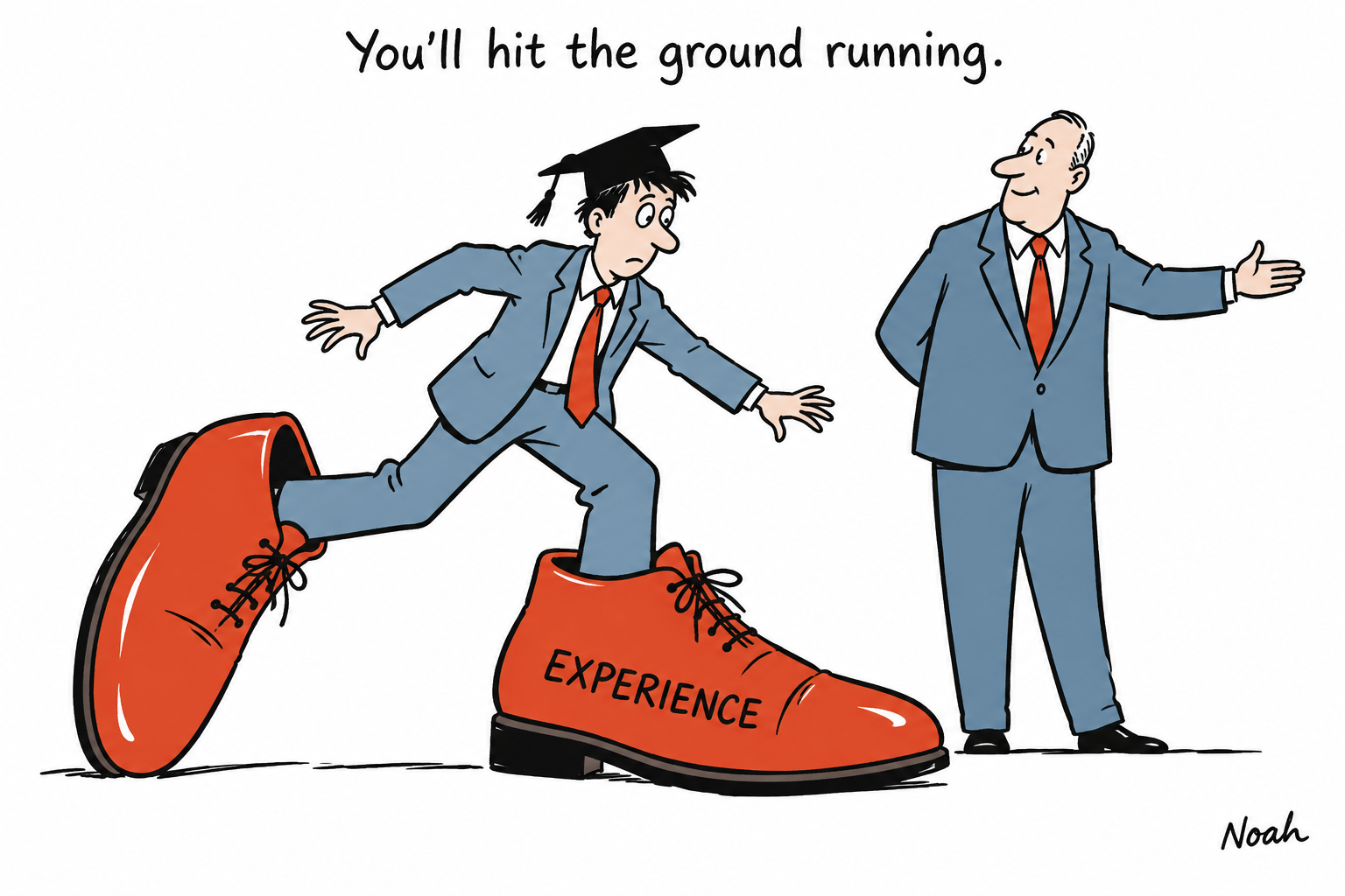 A graduate struggles to walk in enormous red shoes labelled Experience while a hiring manager gestures encouragingly.
