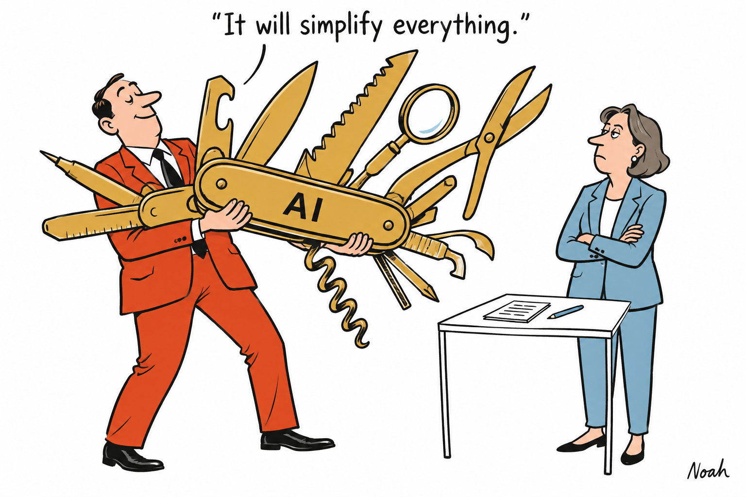 A salesman strains to offer an enormous unfolded AI multitool while an editor calmly considers a small manuscript and pencil.