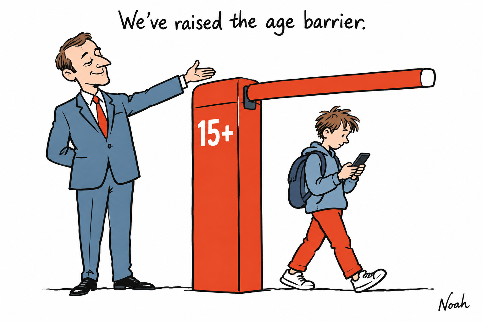 A proud official stands beside a high red 15-plus turnstile while a child walks easily underneath its raised arm looking at a phone.
