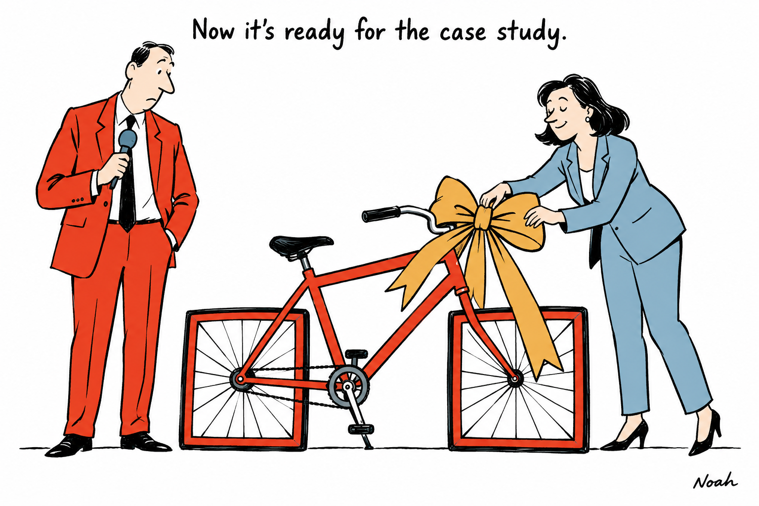 A communications adviser ties a gold ribbon around an unusable square-wheeled red bicycle while a presenter holds a microphone and looks puzzled.
