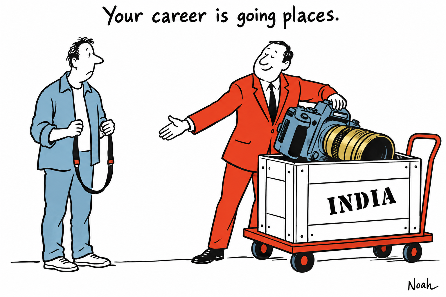 A manager packs a large camera into an India-bound shipping crate while a photographer is left holding an empty camera strap.