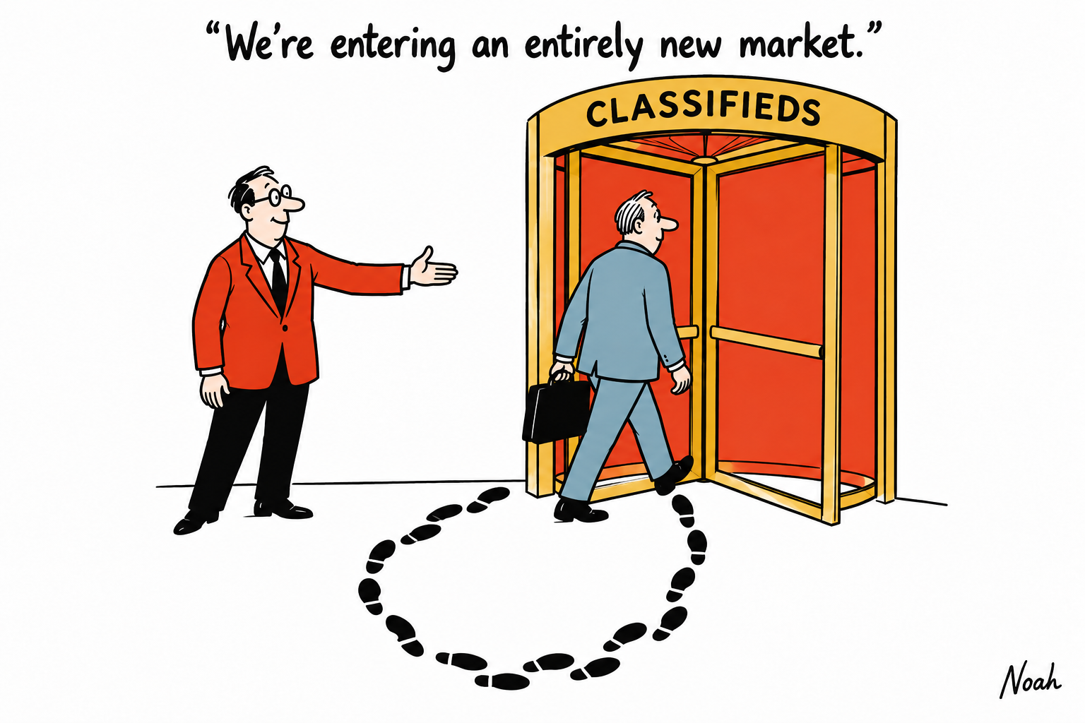 An executive re-enters a classifieds revolving door along a U-turn of footprints that has just led out of the same door, guided by a colleague.