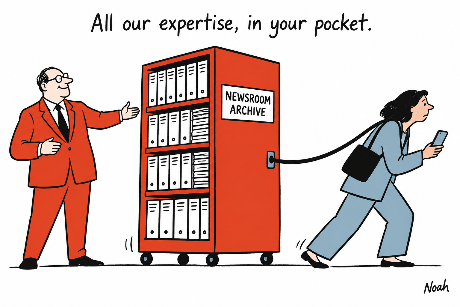 A reader walks with a smartphone while dragging a huge red newsroom archive cabinet tethered to her bag, as a publisher presents the service.