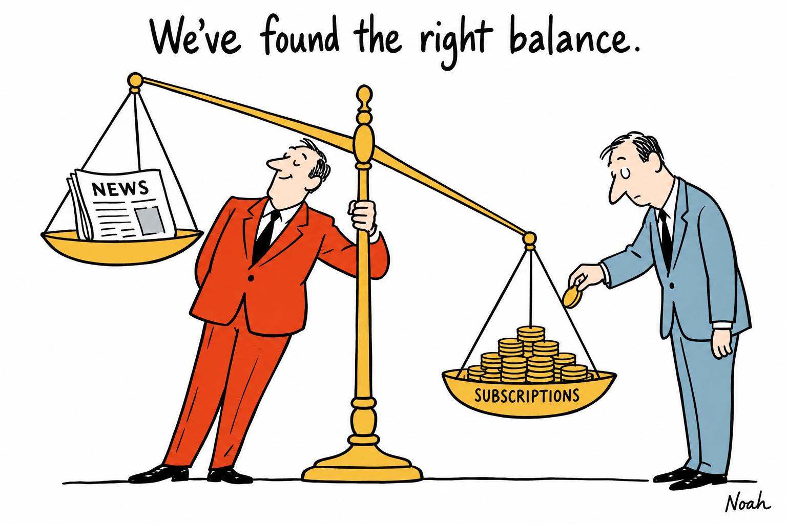 A publisher’s gold balance scale tips steeply towards subscription coins while a folded newspaper rises on the other side.