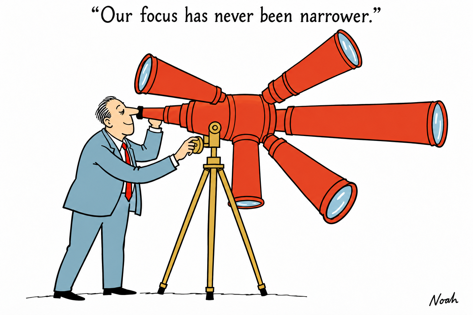 A specialist publisher peers into a large red telescope whose five lenses point in different directions.