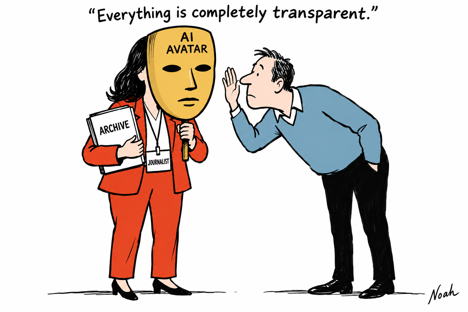 A journalist presents an archive through an opaque gold AI-avatar mask while a reader tries to see the human behind it.
