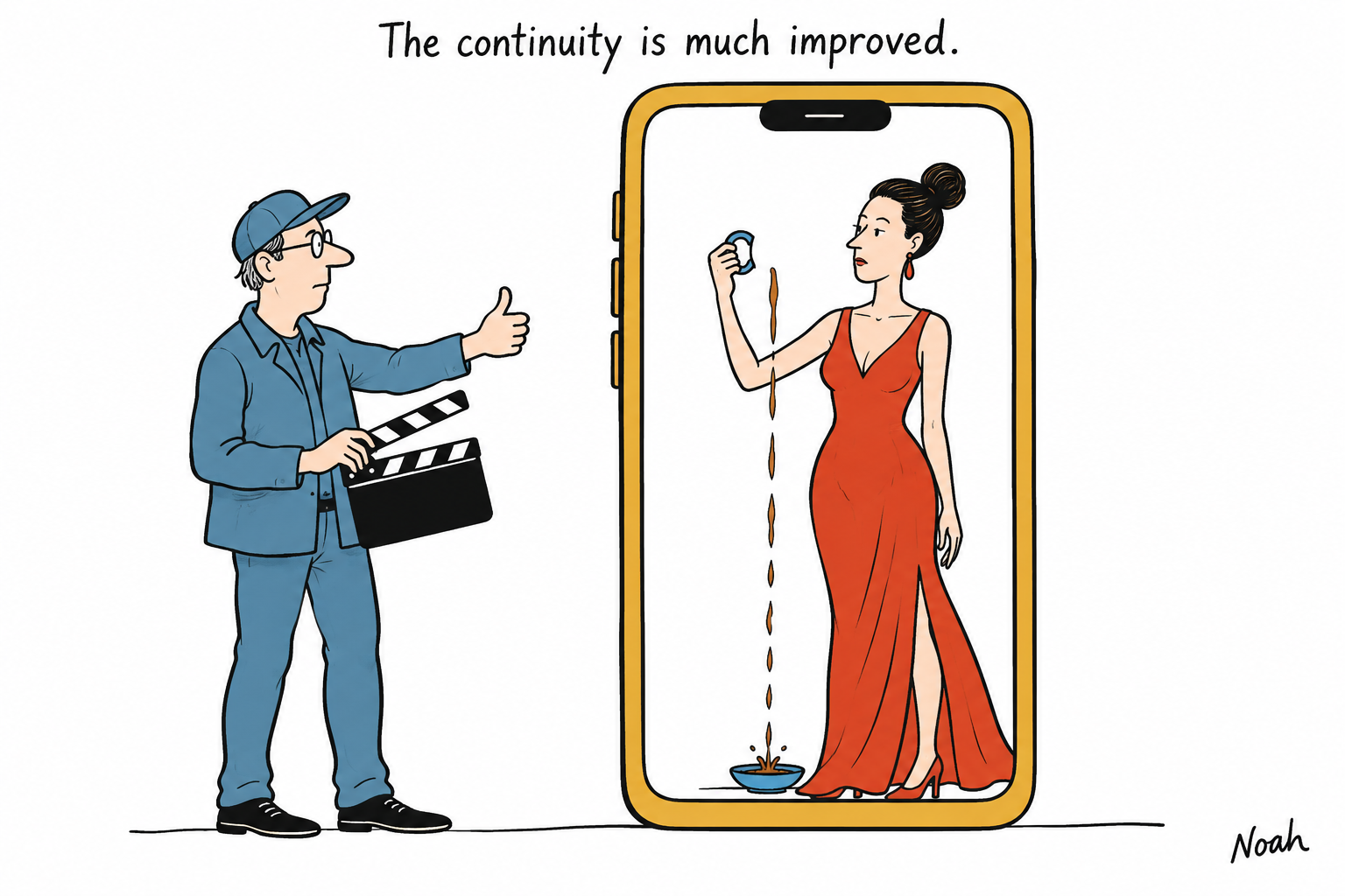 An AI-video performer holds a teacup handle after the cup's body vanishes, while the director approves the continuity.