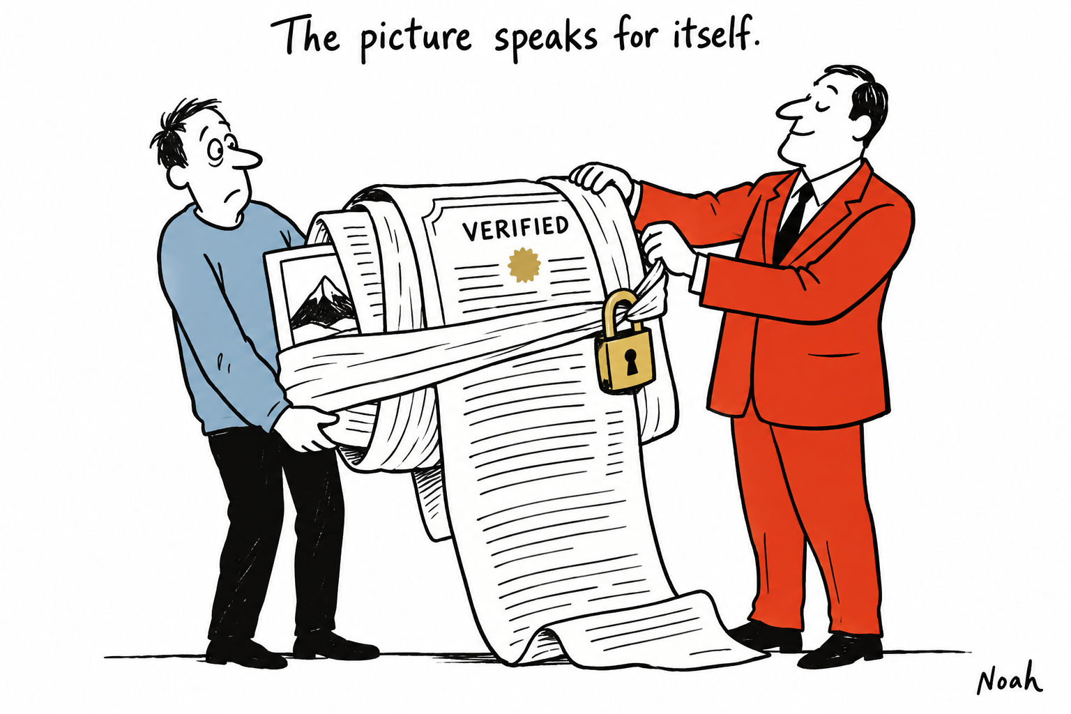 A platform officer wraps a user’s small photograph in an enormous verification certificate and locks the bulky bundle.