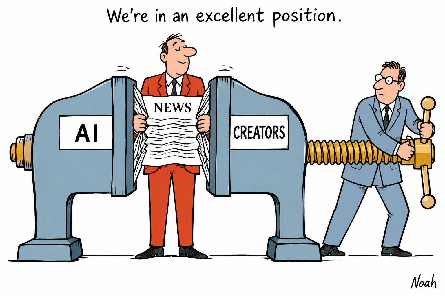 A newspaper editor smiles while squeezed between the AI and creators jaws of a large clamp that an assistant tightens.