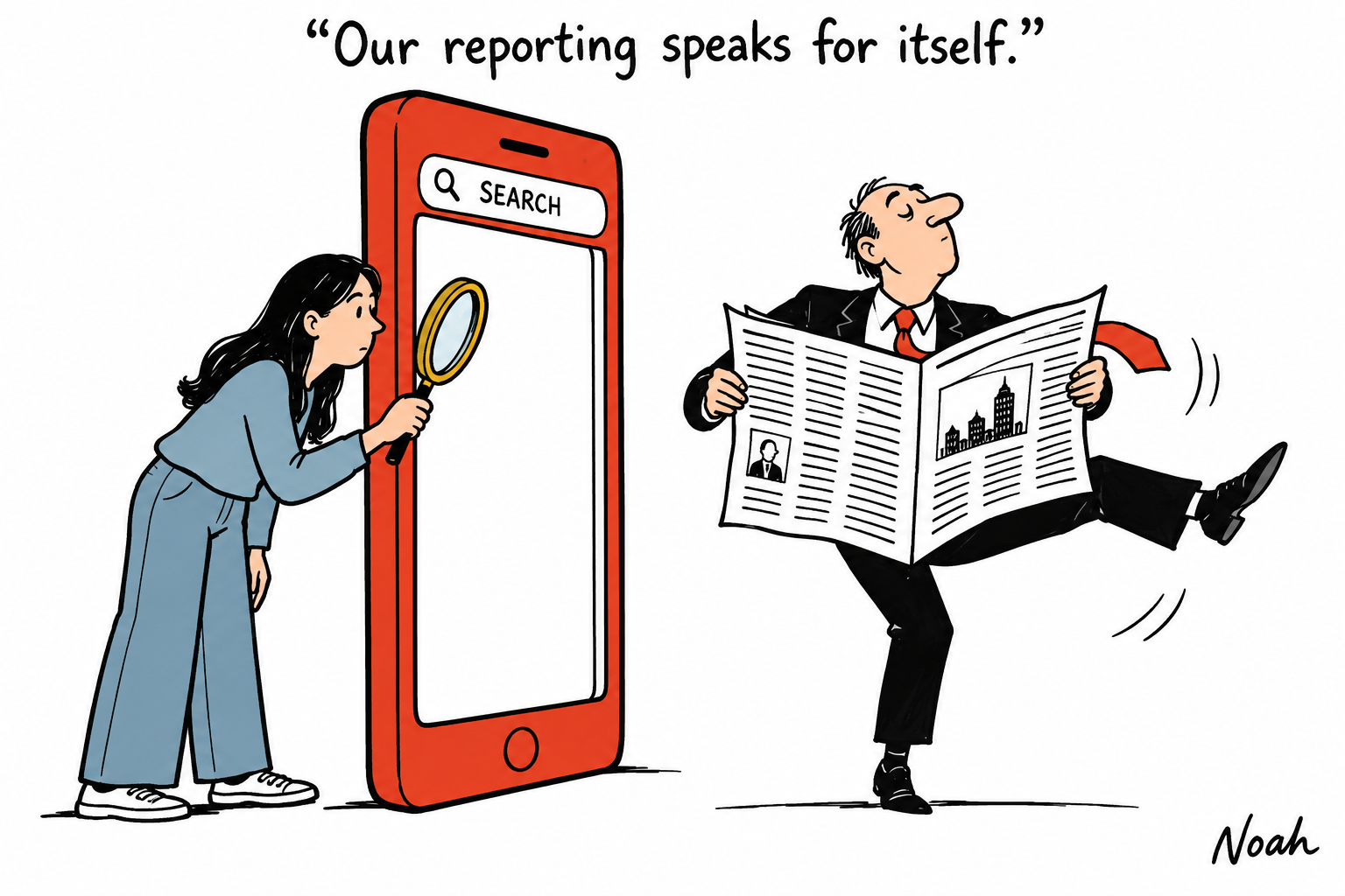 A reader searches through a giant red phone frame with a magnifying glass while a publisher dances and holds up a newspaper.