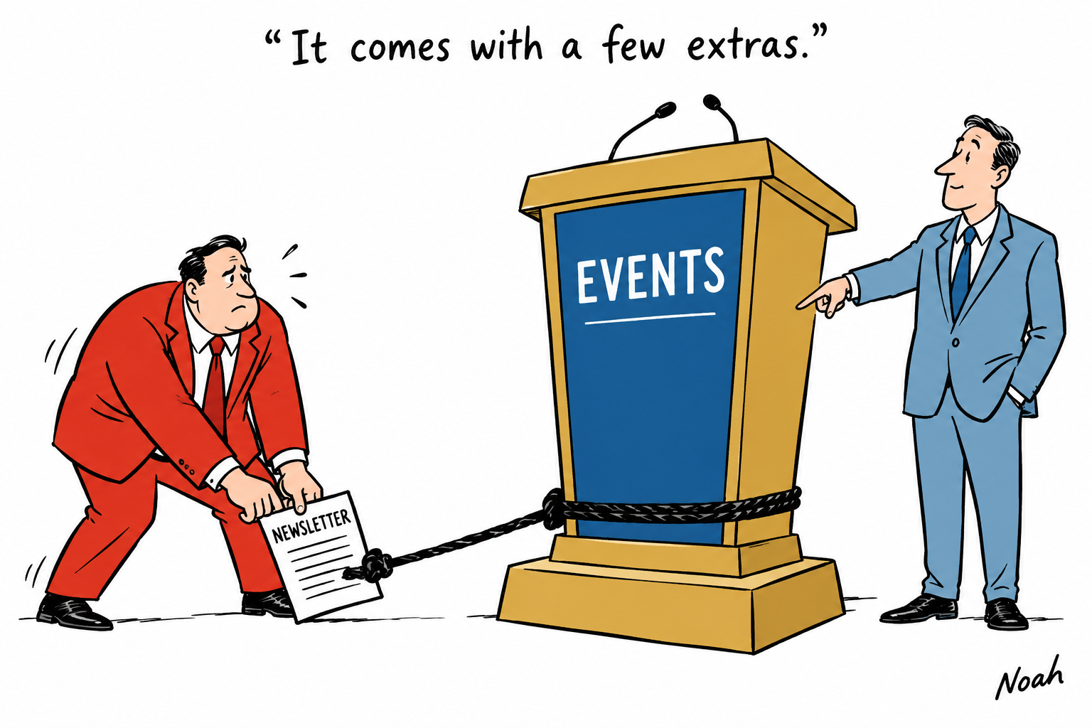 A buyer struggles to lift a small newsletter tied to an enormous gold events lectern.