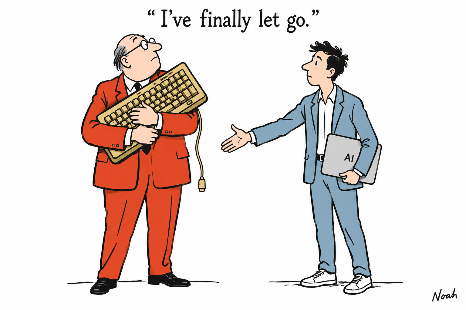 An older executive claims to have let go while hugging a huge gold keyboard, leaving an AI-native graduate's handshake unanswered.