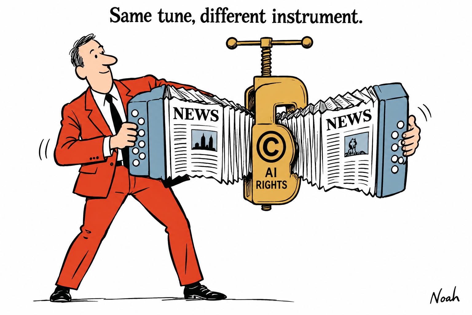 A new trade-body chief struggles to open a newspaper accordion whose bellows are held shut by a large gold AI-rights clamp.